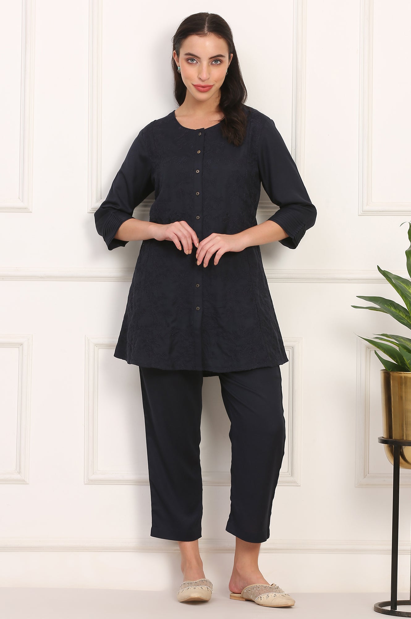 Blue Solid Embroidered Rayon Flax A-line Tunic and Straight Pants Co-ord Set