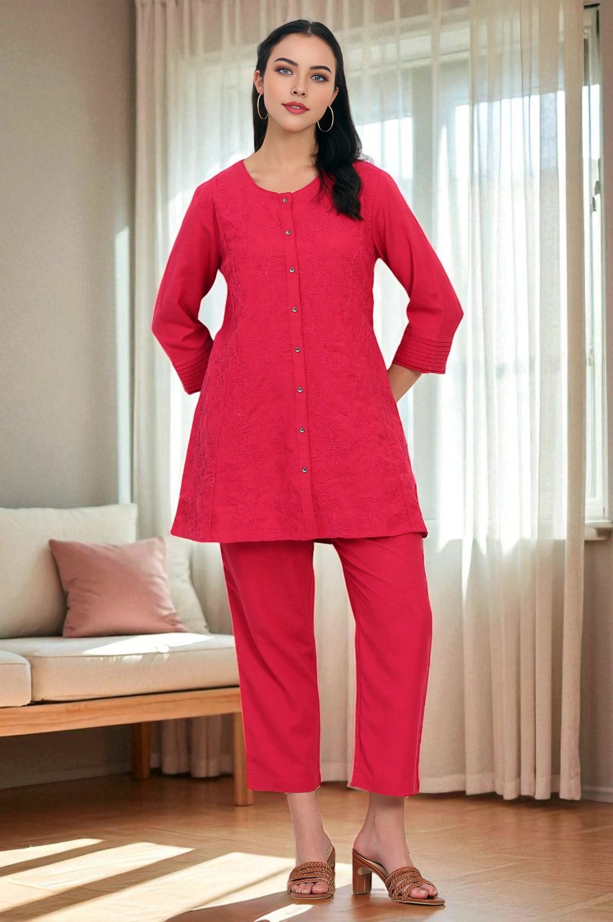 Red Solid Embroidered Rayon Flax A-line Tunic and Straight Pants Co-ord Set - XS