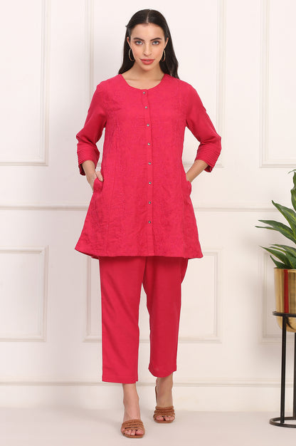 Red Solid Embroidered Rayon Flax A-line Tunic and Straight Pants Co-ord Set