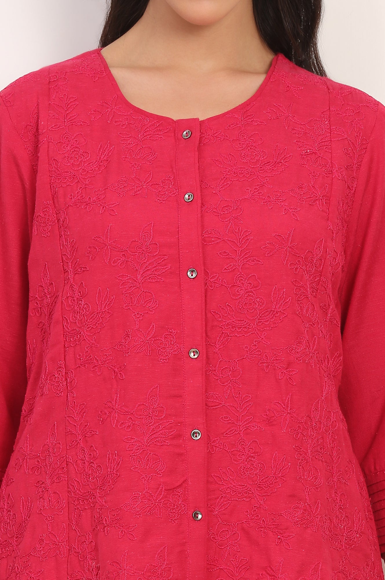 Red Solid Embroidered Rayon Flax A-line Tunic and Straight Pants Co-ord Set