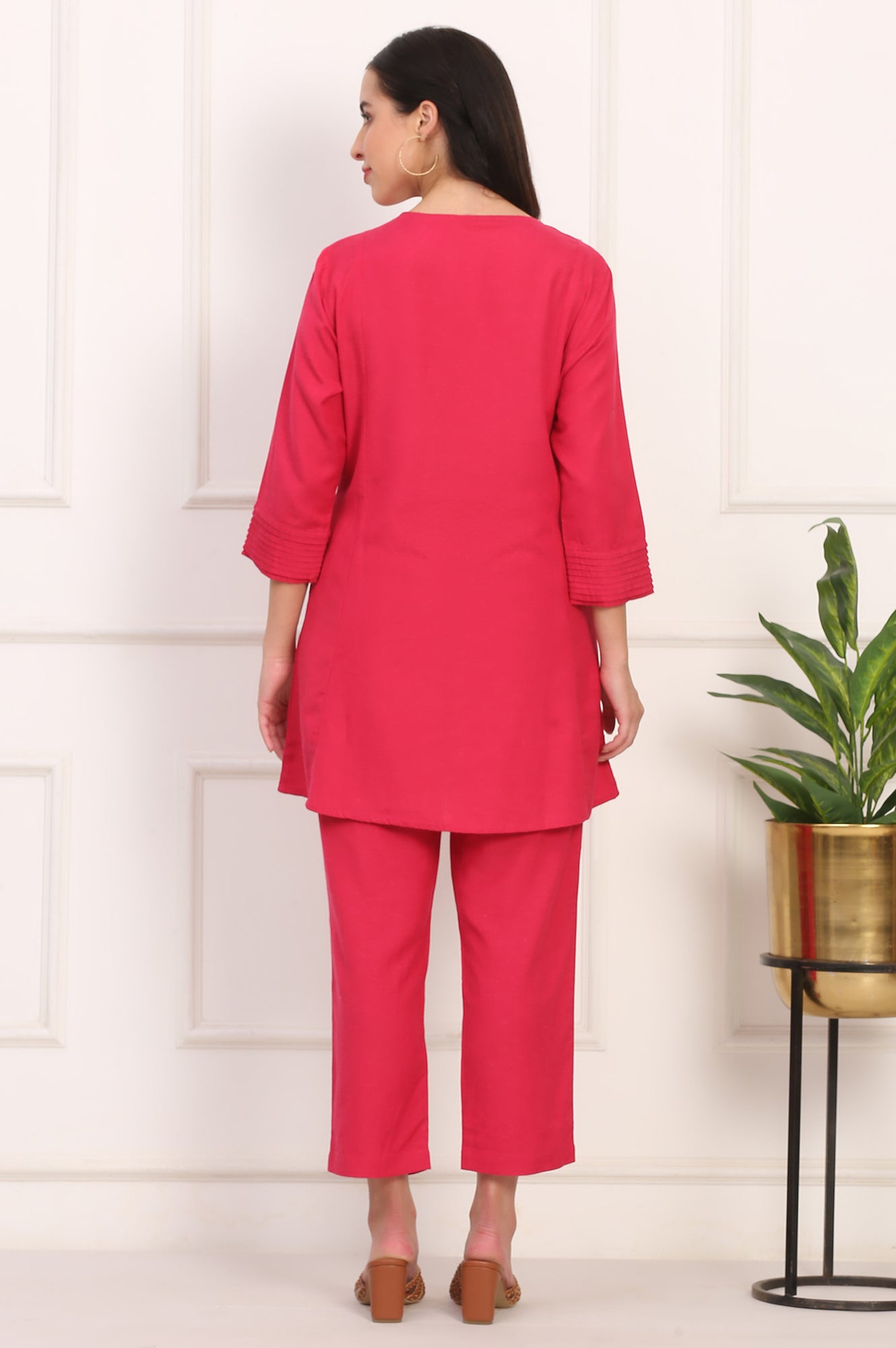 Red Solid Embroidered Rayon Flax A-line Tunic and Straight Pants Co-ord Set