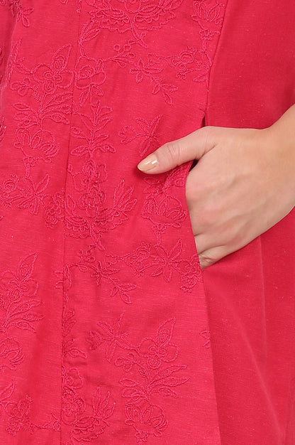 Red Solid Embroidered Rayon Flax A-line Tunic and Straight Pants Co-ord Set
