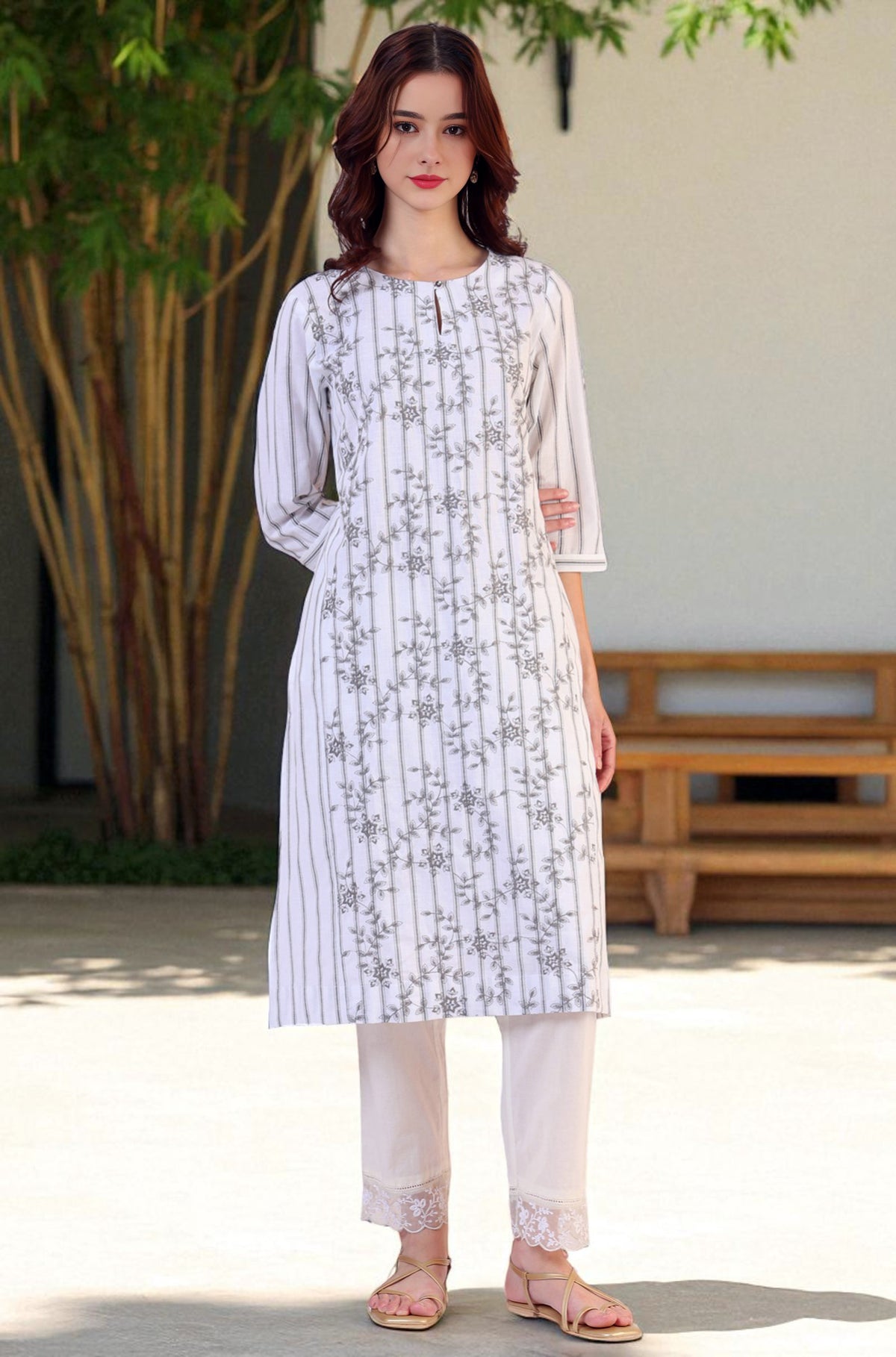 Off-White Yarn Dyed Embroidered Cotton Flax Straight Kurta - XS