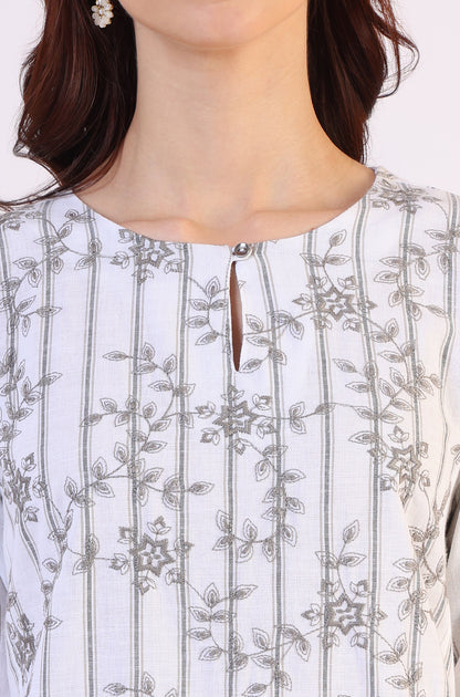 Off-White Yarn Dyed Embroidered Cotton Flax Straight Kurta