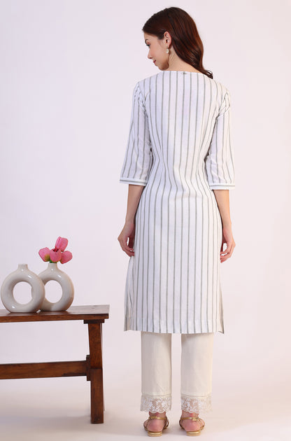 Off-White Yarn Dyed Embroidered Cotton Flax Straight Kurta