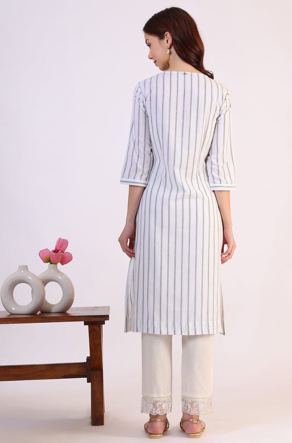 Off-White Yarn Dyed Embroidered Cotton Flax Straight Kurta