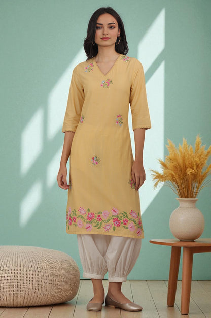 Yellow Floral Embroidered Straight Kurta with Lace