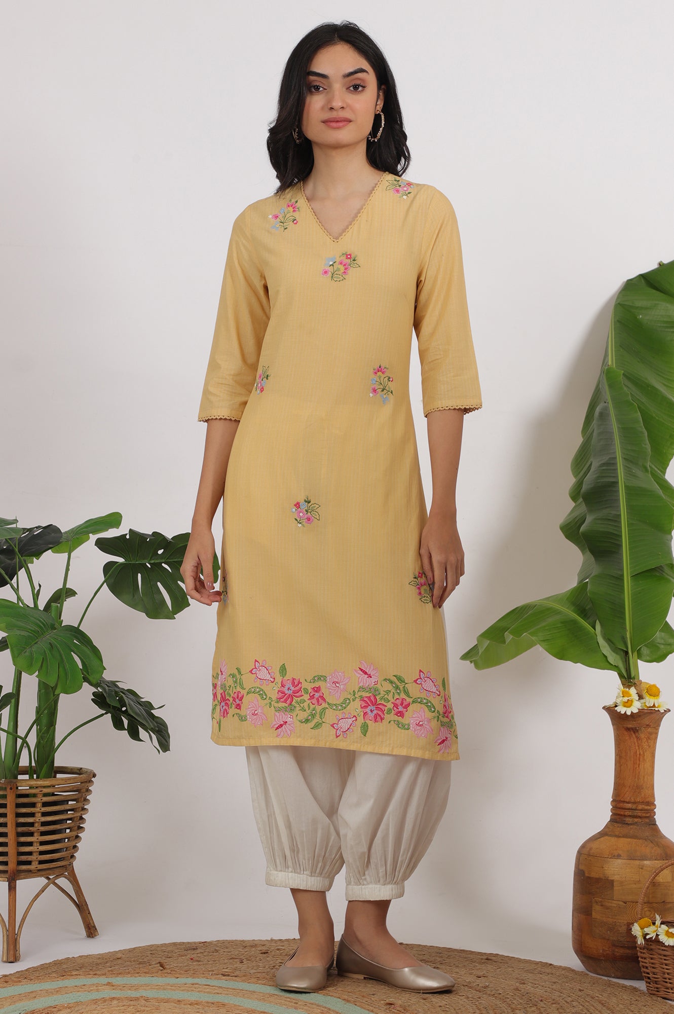 Yellow Floral Embroidered Straight Kurta with Lace