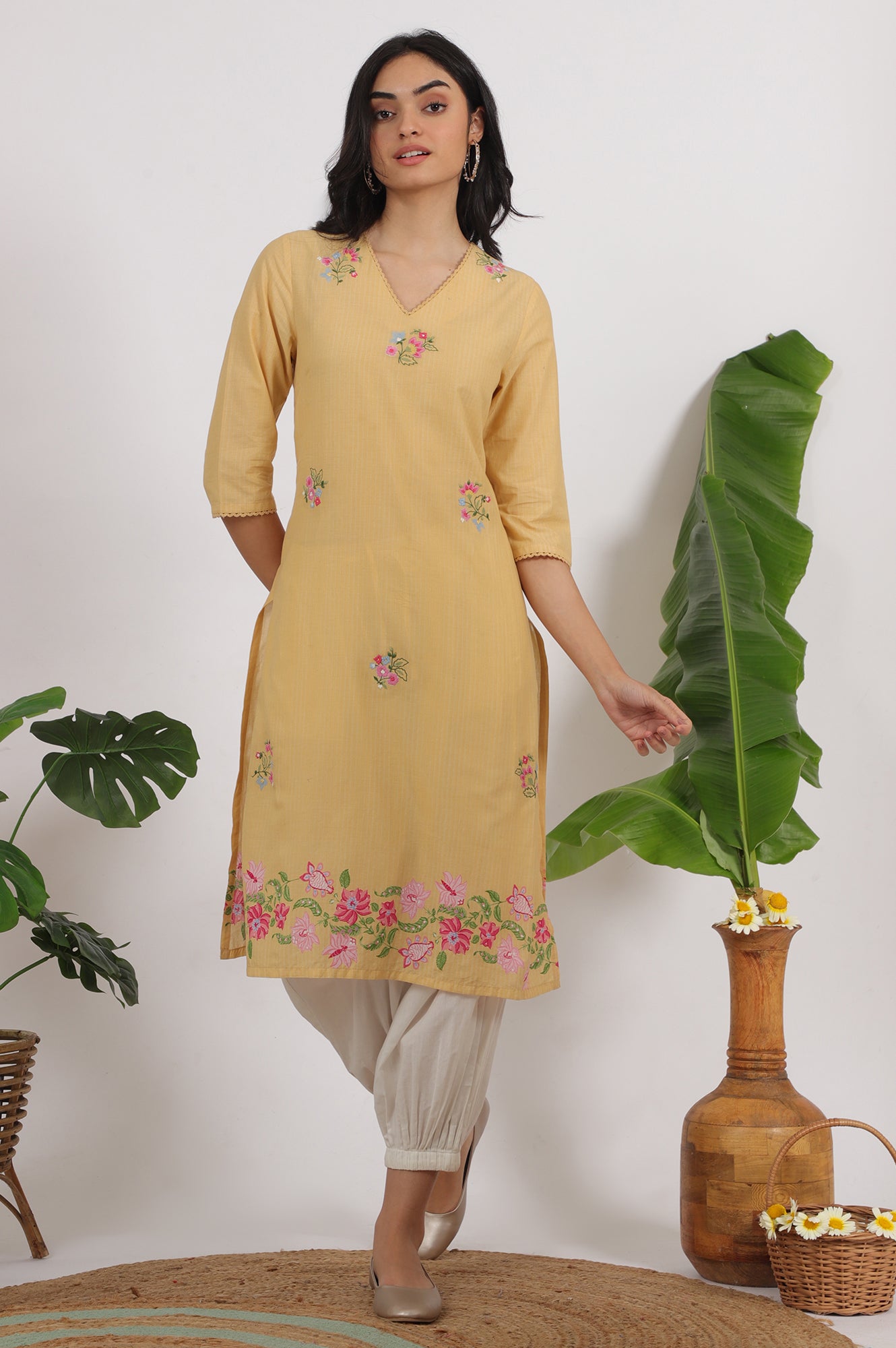 Yellow Floral Embroidered Straight Kurta with Lace