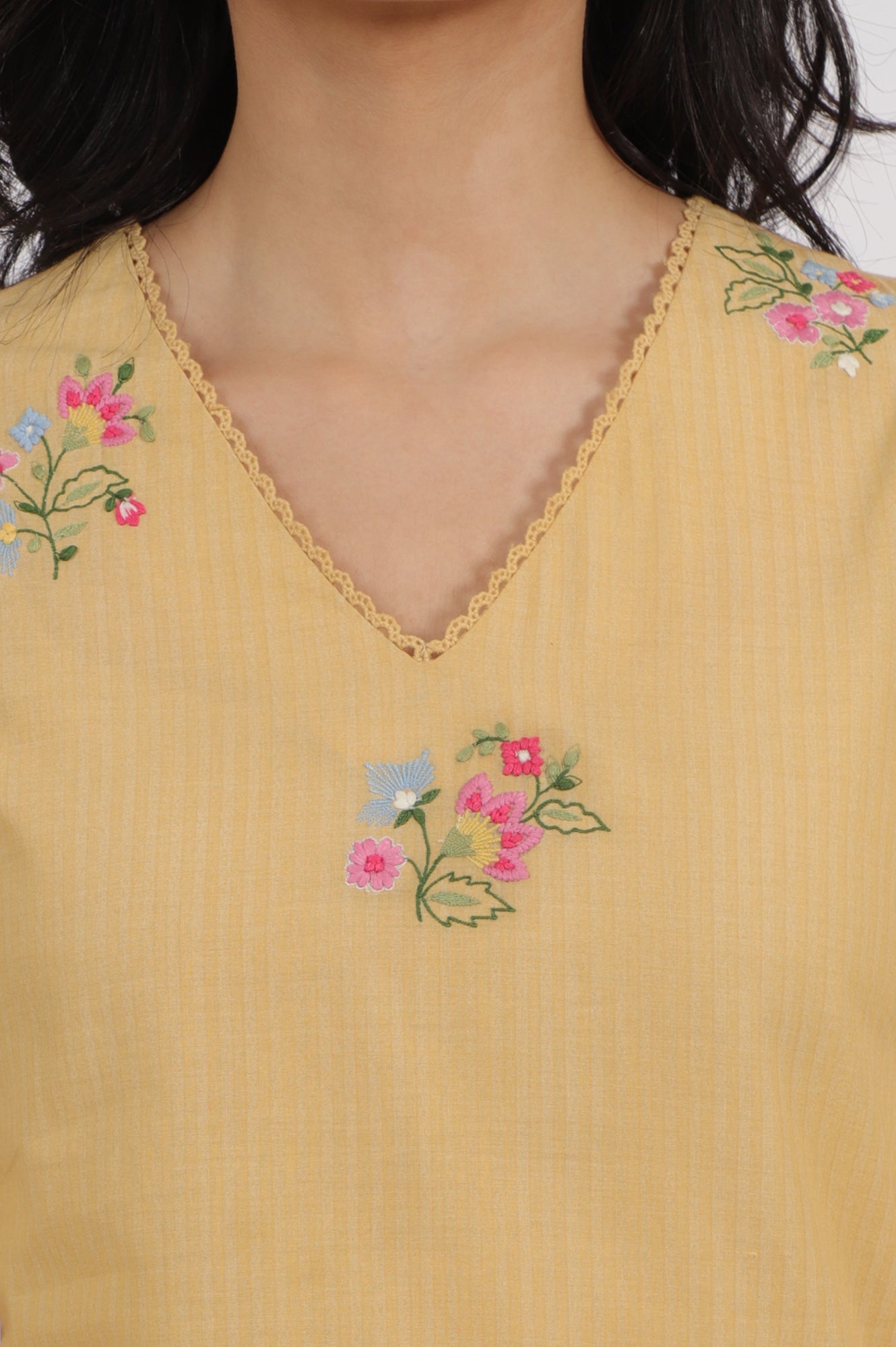 Yellow Floral Embroidered Straight Kurta with Lace