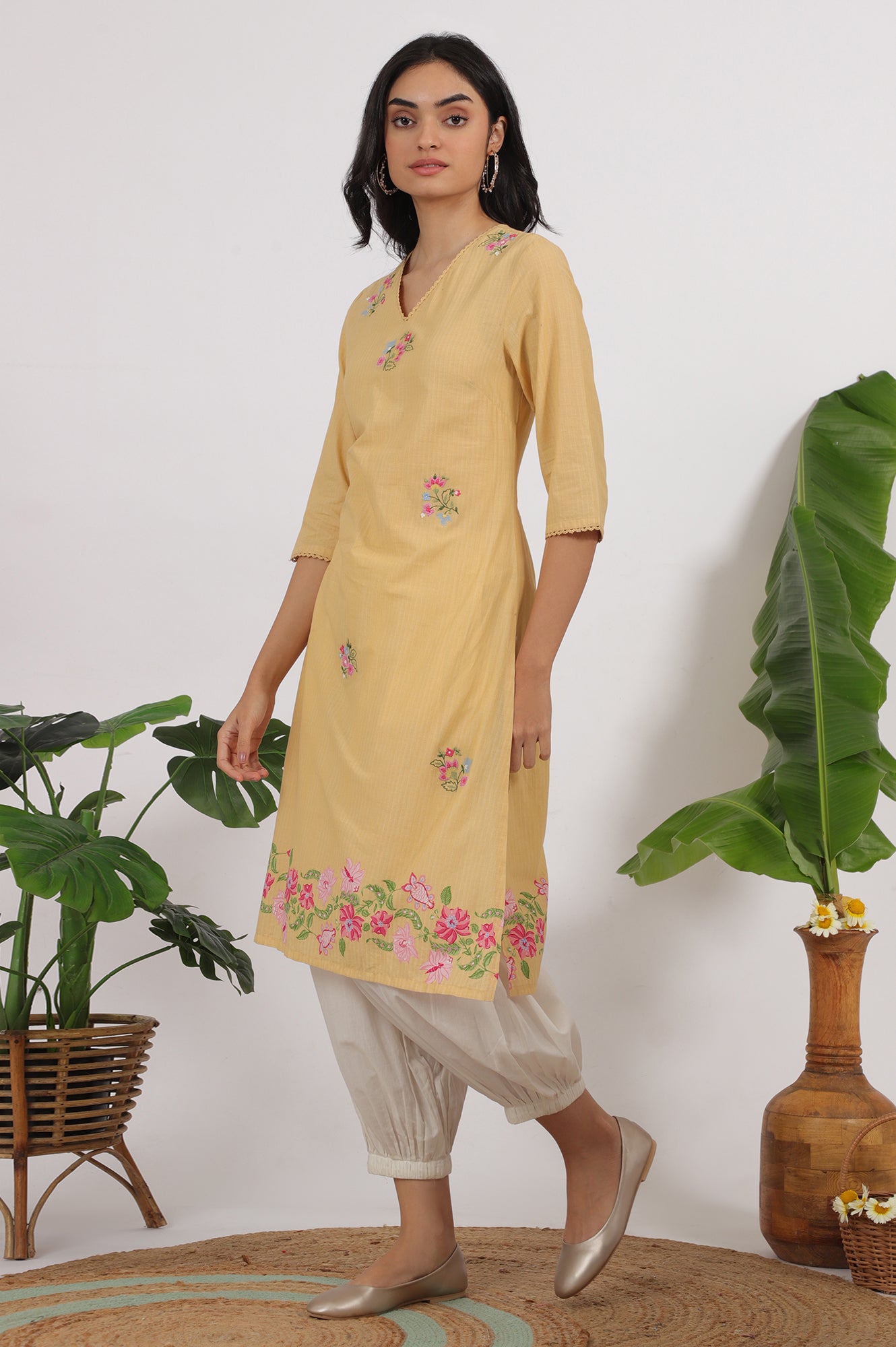 Yellow Floral Embroidered Straight Kurta with Lace