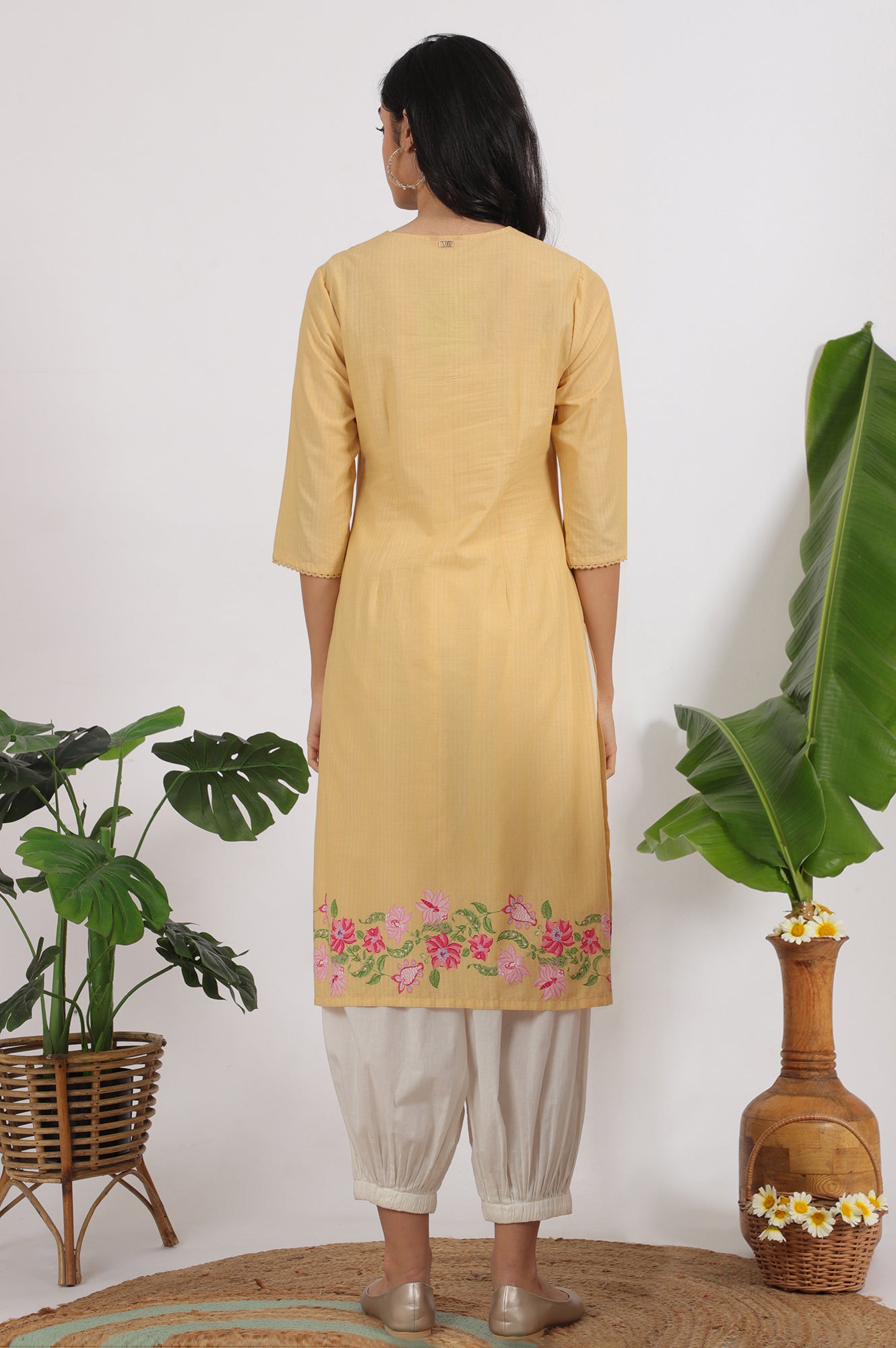 Yellow Floral Embroidered Straight Kurta with Lace