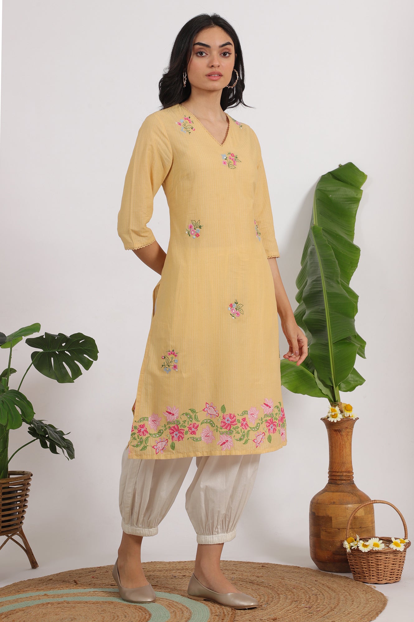 Yellow Floral Embroidered Straight Kurta with Lace
