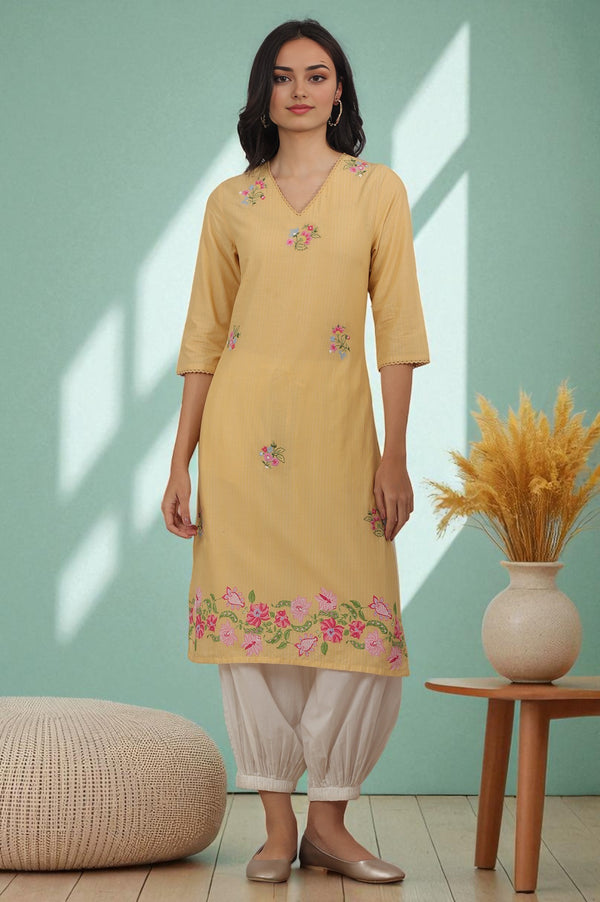 Yellow Floral Embroidered Straight Kurta with Lace