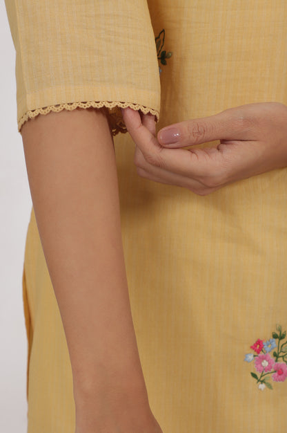 Yellow Floral Embroidered Straight Kurta with Lace