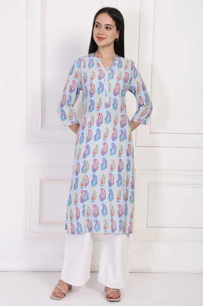 Blue Paisley Printed Straight Rayon Kurta