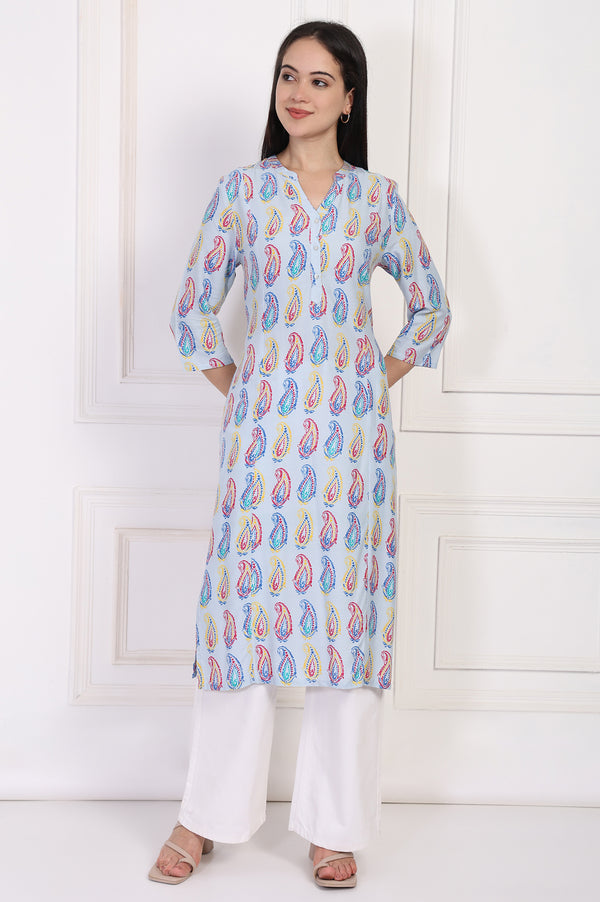 Blue Paisley Printed Straight Rayon Kurta