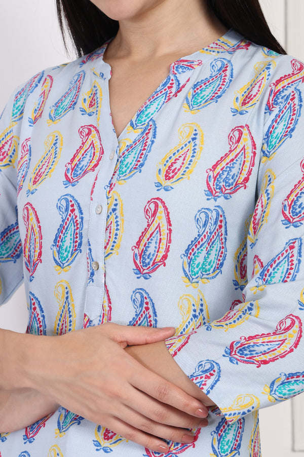 Blue Paisley Printed Straight Rayon Kurta
