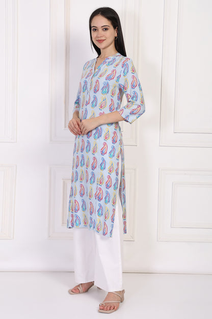 Blue Paisley Printed Straight Rayon Kurta