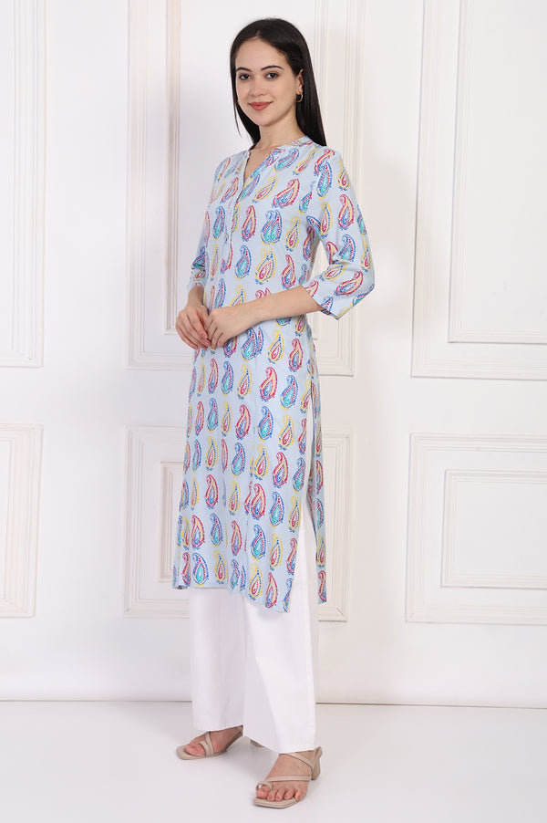 Blue Paisley Printed Straight Rayon Kurta