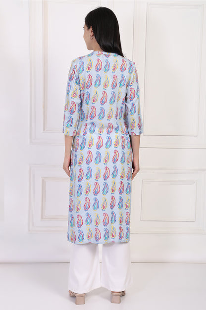Blue Paisley Printed Straight Rayon Kurta