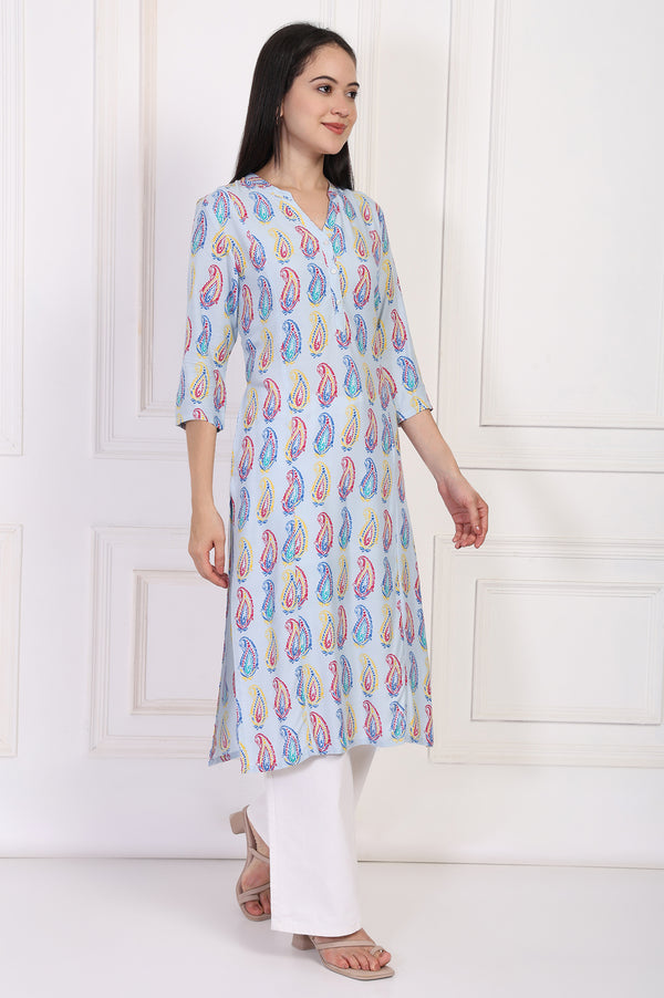 Blue Paisley Printed Straight Rayon Kurta