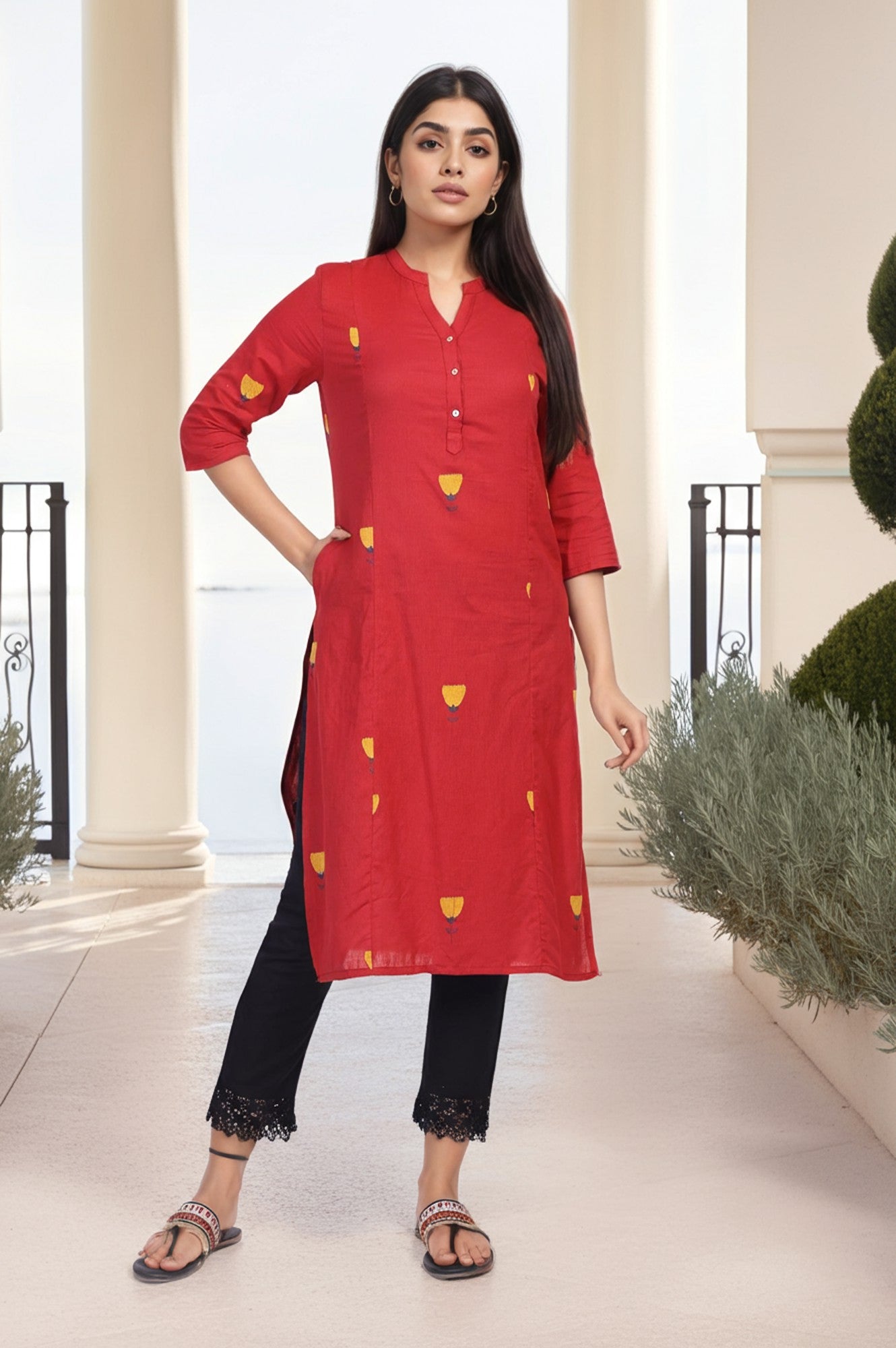 Red Floral Printed Straight Rayon Kurta
