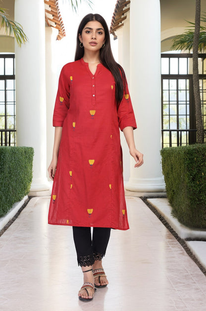 Red Floral Printed Straight Rayon Kurta