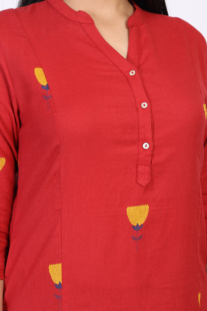 Red Floral Printed Straight Rayon Kurta