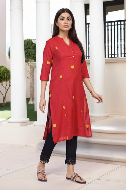 Red Floral Printed Straight Rayon Kurta