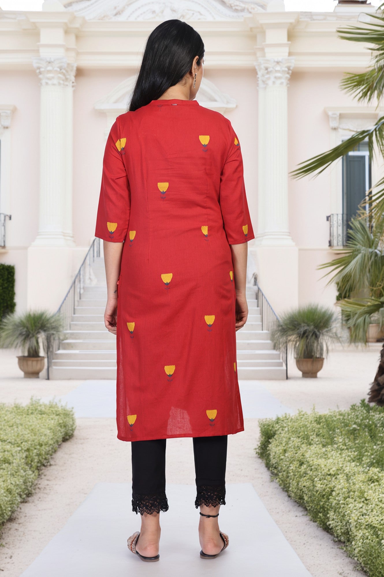 Red Floral Printed Straight Rayon Kurta