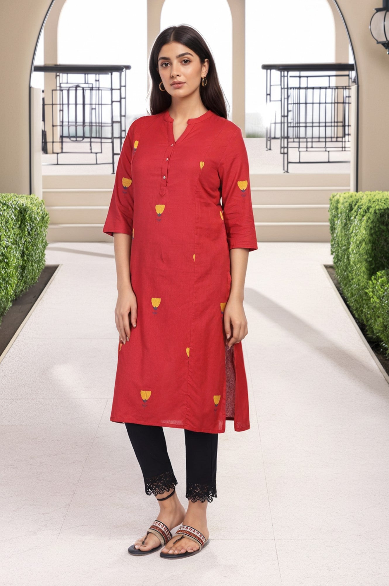 Red Floral Printed Straight Rayon Kurta