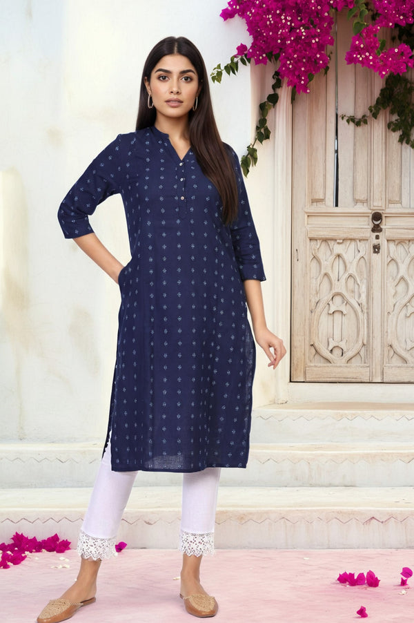 Navy Blue Geometric Printed Straight Rayon Kurta