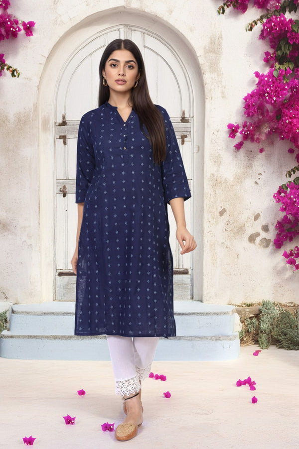 Navy Blue Geometric Printed Straight Rayon Kurta