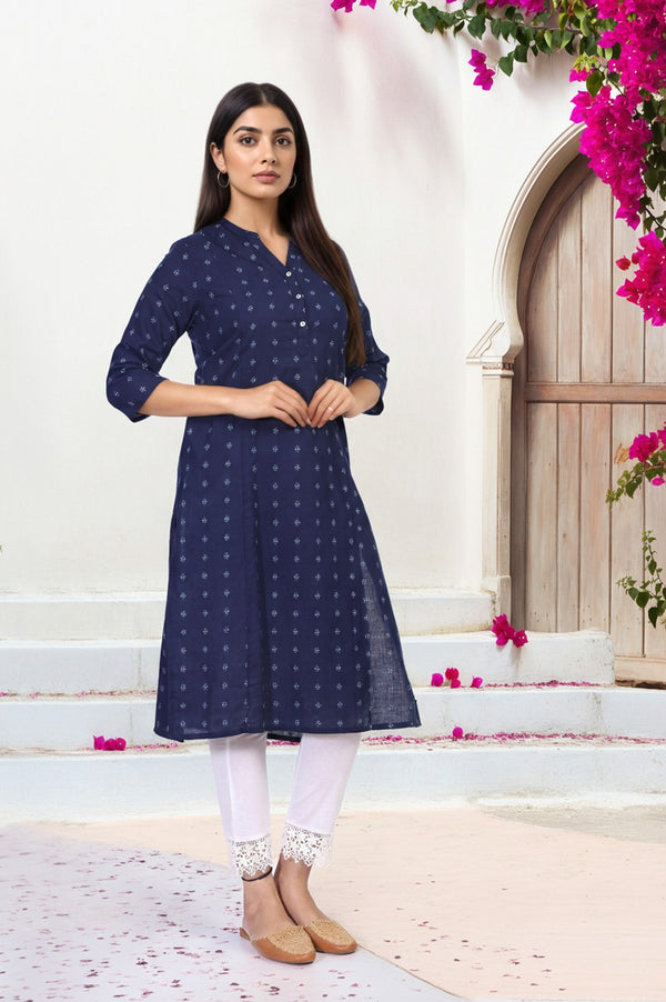 Navy Blue Geometric Printed Straight Rayon Kurta