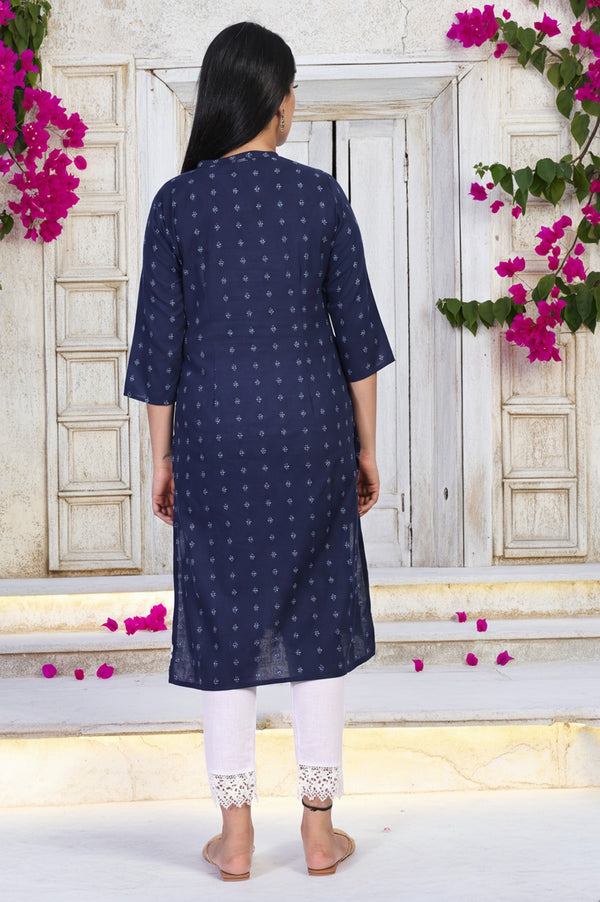 Navy Blue Geometric Printed Straight Rayon Kurta