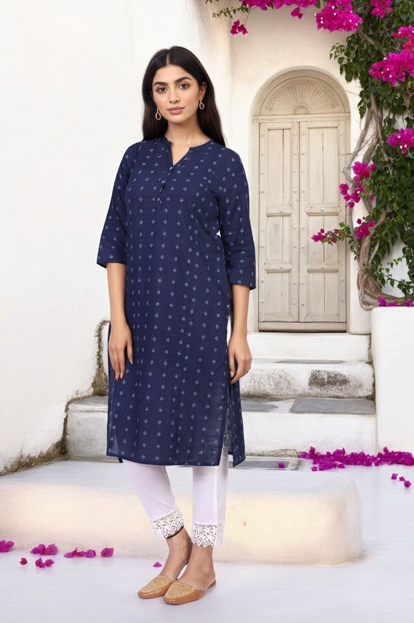 Navy Blue Geometric Printed Straight Rayon Kurta