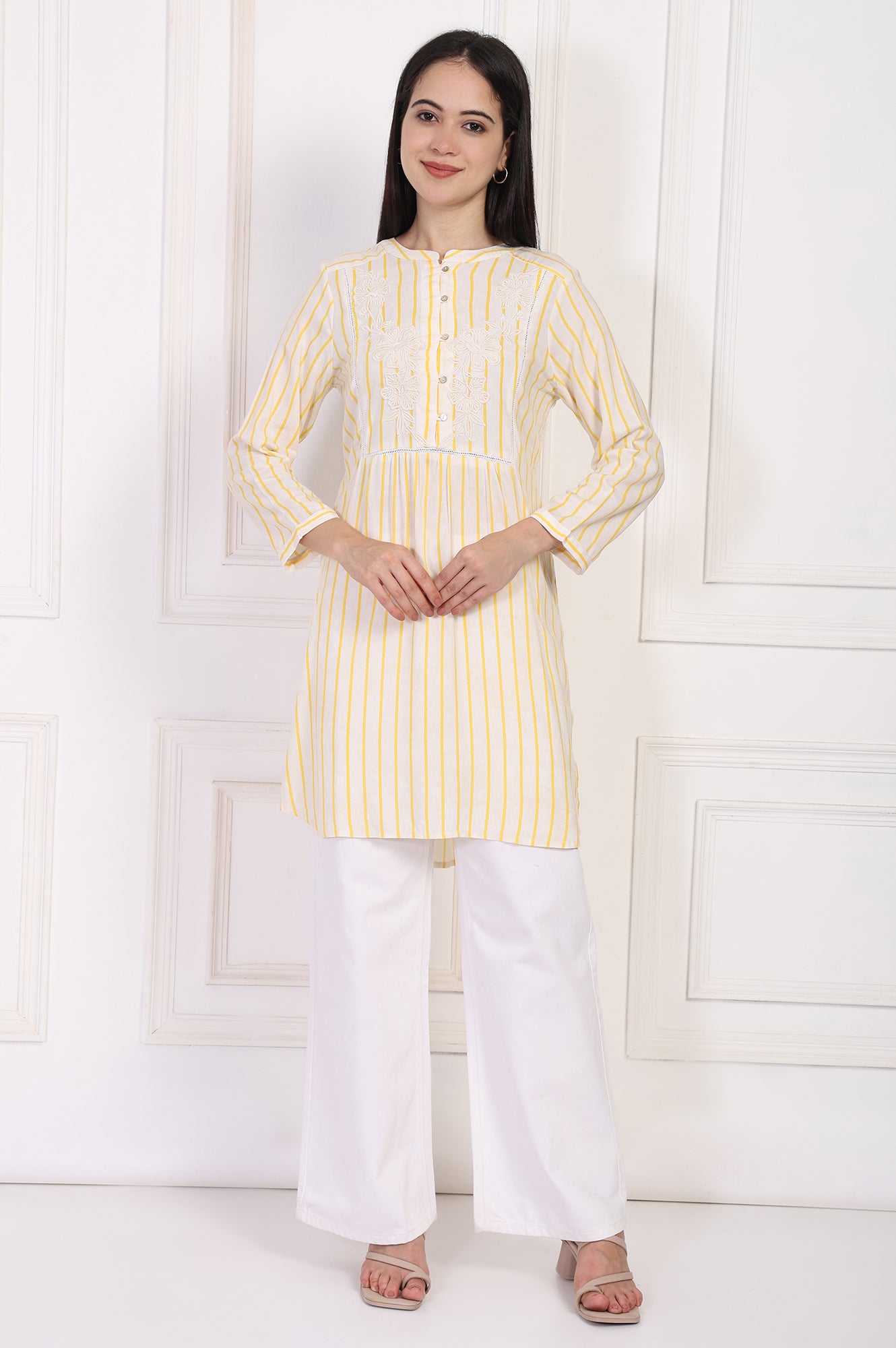 Yellow Striped Embroidered Straight Rayon Tunic