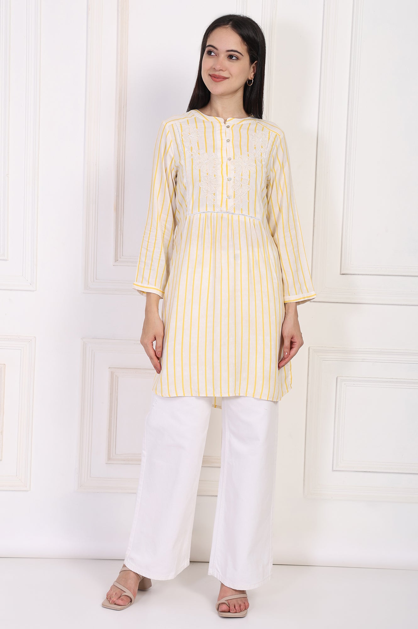 Yellow Striped Embroidered Straight Rayon Tunic