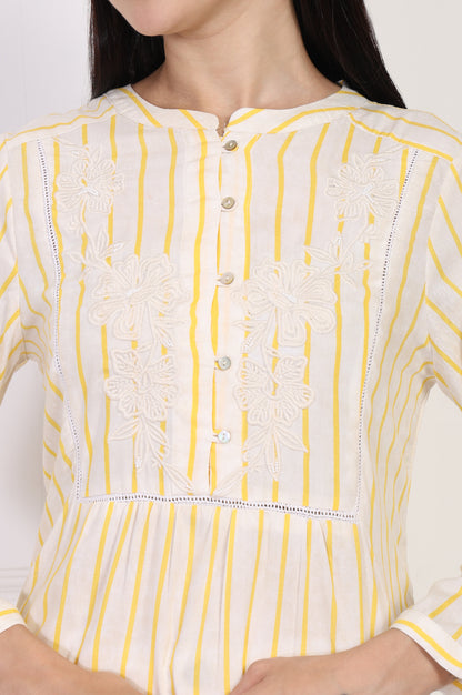 Yellow Striped Embroidered Straight Rayon Tunic