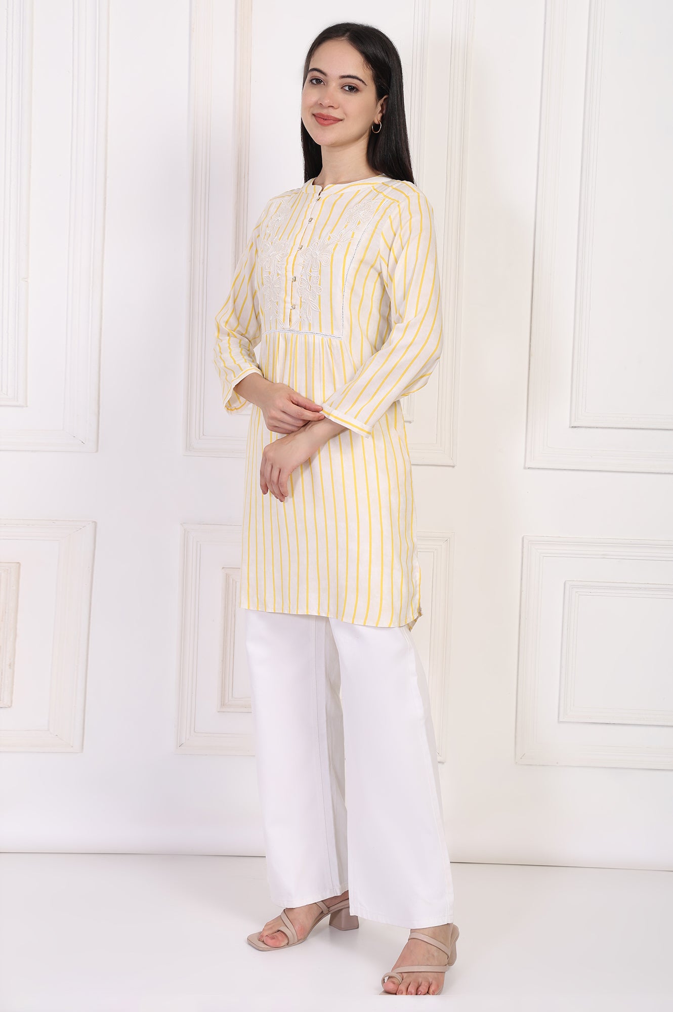 Yellow Striped Embroidered Straight Rayon Tunic