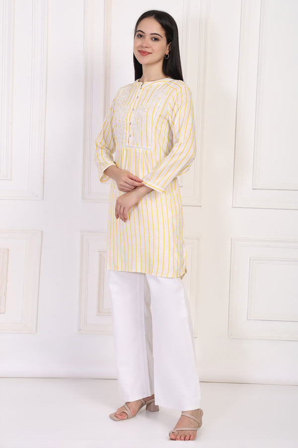 Yellow Striped Embroidered Straight Rayon Tunic