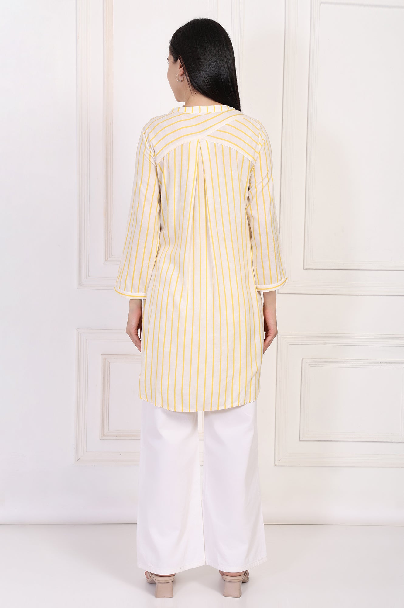 Yellow Striped Embroidered Straight Rayon Tunic