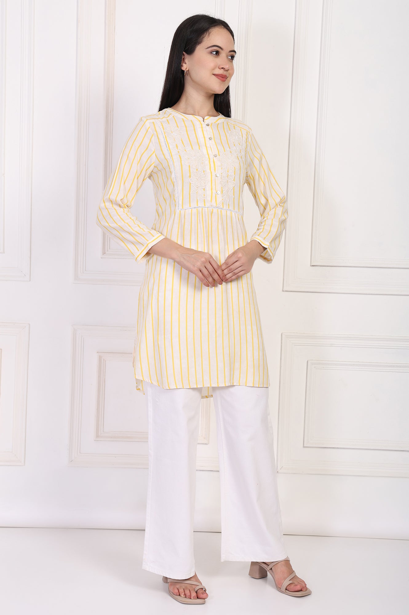 Yellow Striped Embroidered Straight Rayon Tunic