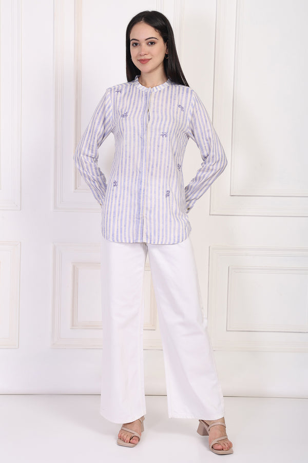 White Striped Printed Thread Embroidered Straight Top