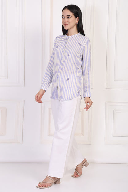 White Striped Printed Thread Embroidered Straight Top