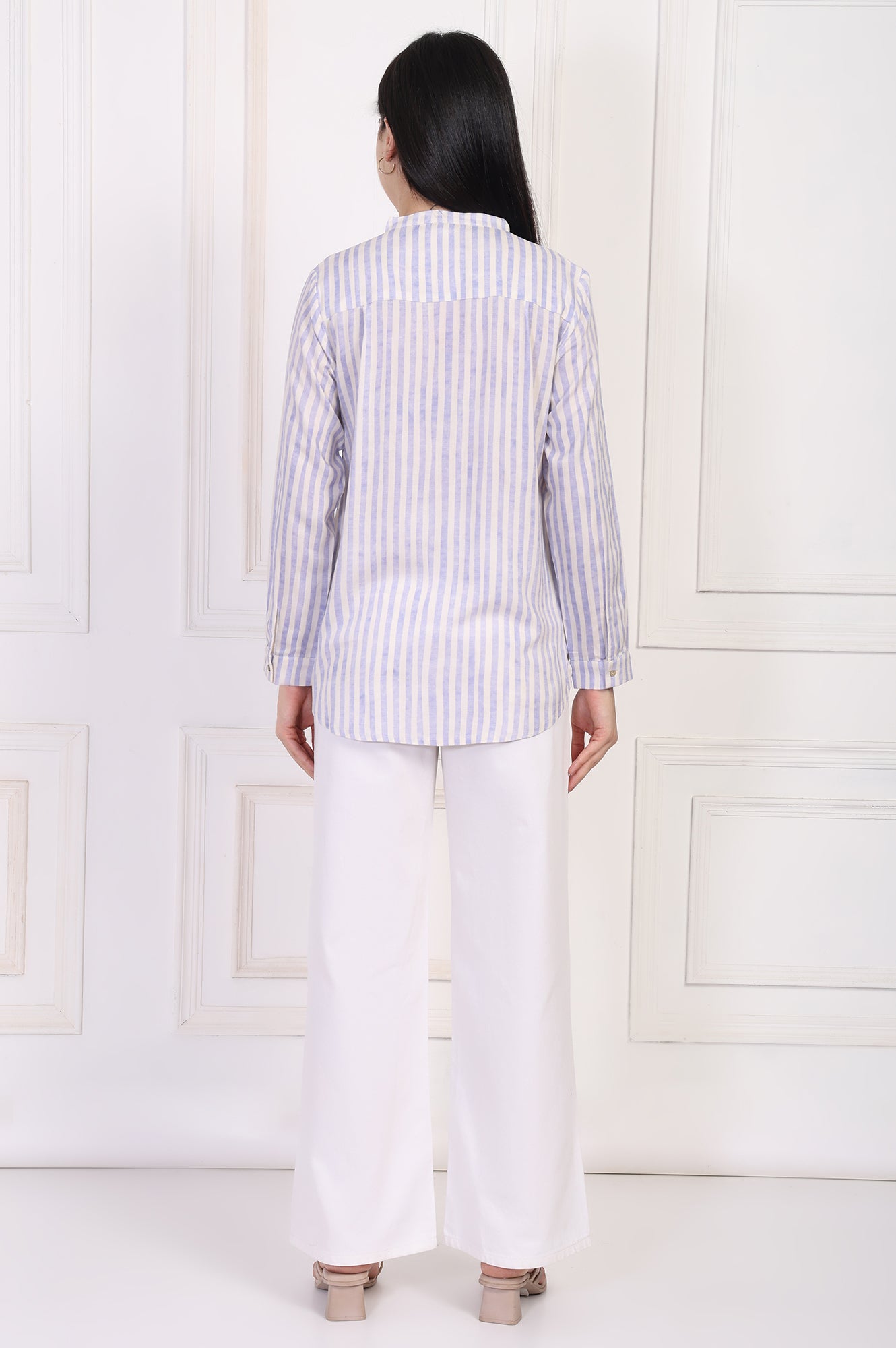 White Striped Printed Thread Embroidered Straight Top