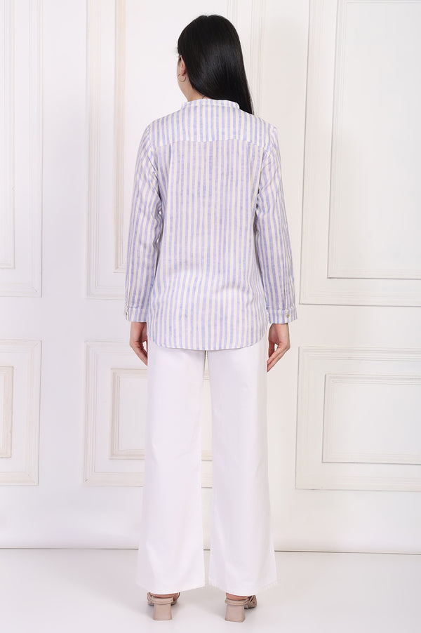 White Striped Printed Thread Embroidered Straight Top