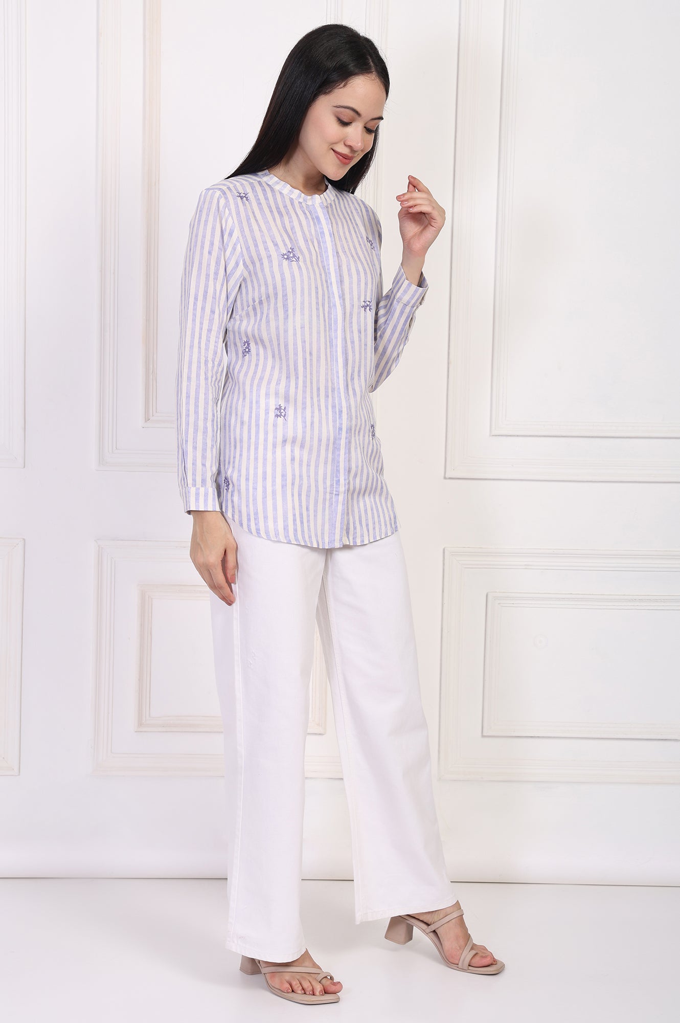 White Striped Printed Thread Embroidered Straight Top