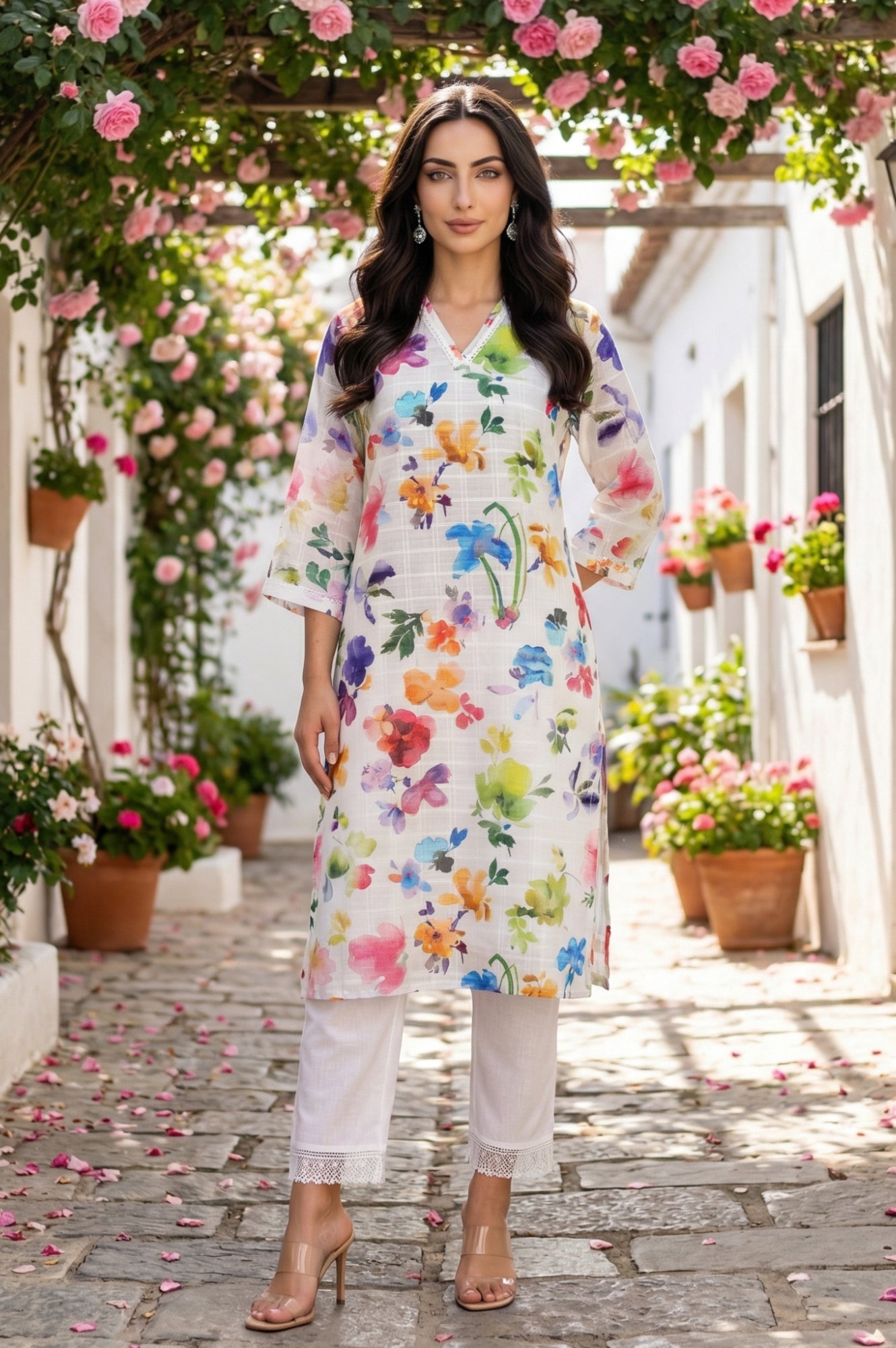 White Floral Printed Pure Cotton Straight Kurta